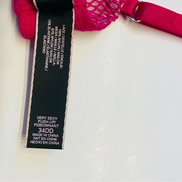 Victoria's Secret Very Sexy‎ Push Up Bra Size 34DD Lace Fish Net Detail Pink - Picture 9 of 9